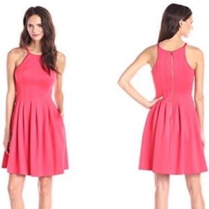 NWT Calvin Klein Hibiscus Pink High Neck Fit and Flare Ponte Dress with Pockets
